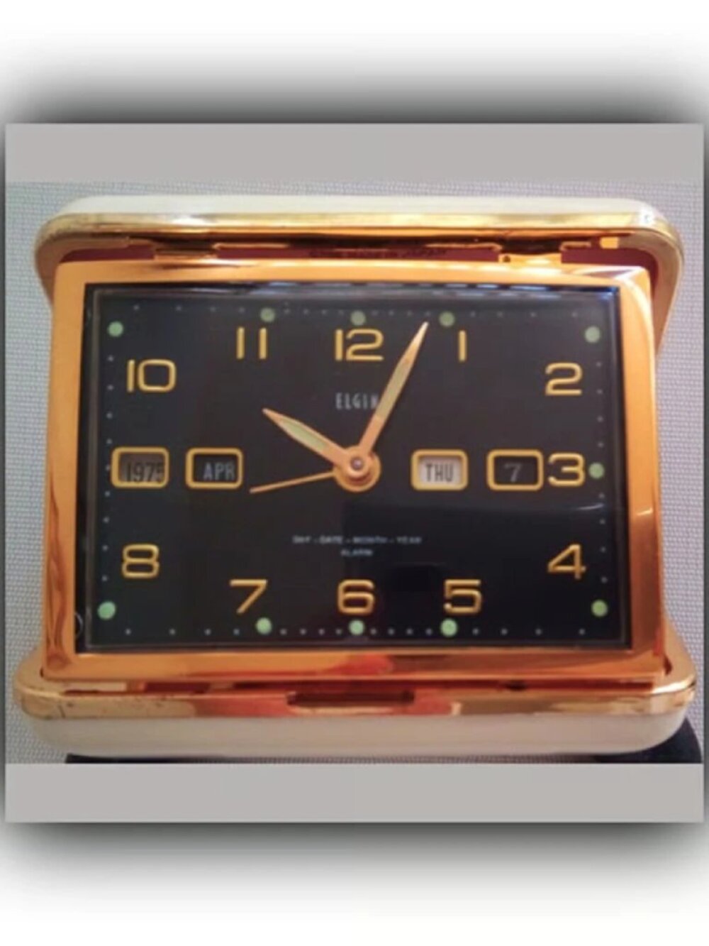 Vintage 70s Elgin Mechanical Year-Month-Day-Date Alarm Clock Made in Japan